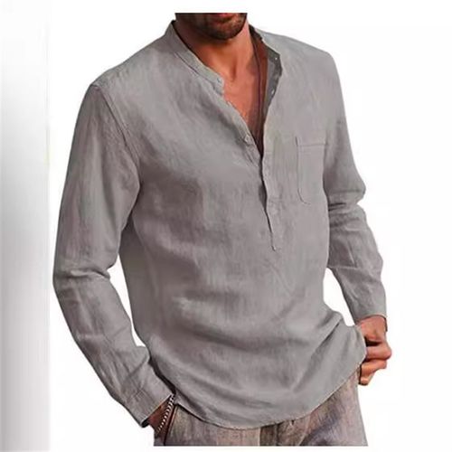 2025 Mens Long Sleeve VNeck Casual Beach Linen Shirt for Men