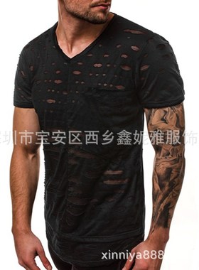 2025 European American Mens Vneck Ripped Plain Fashion Irreg