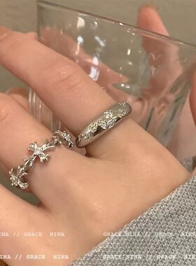 Silver Zircon Cross Open Ring Womens Ins Cold Style Light Lu