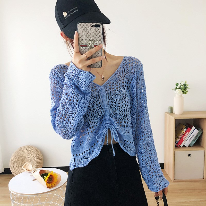 Short Sleeve Mesh Hole Hollow VNeck Sweater Thin Knitted Blo