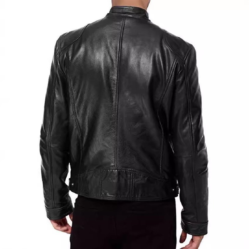 Mens Zipper Pocket PU Leather Erect Collar Motorcycle Jacket