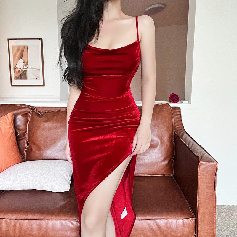 Retro Red Slit Strappy Dress Sweet Temperament MidLength Dre