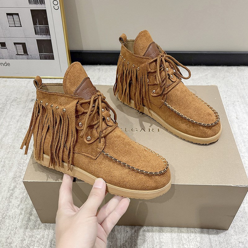 Western Cowboy Suede Chelsea Boots Women 2025 Fluffy Tassel