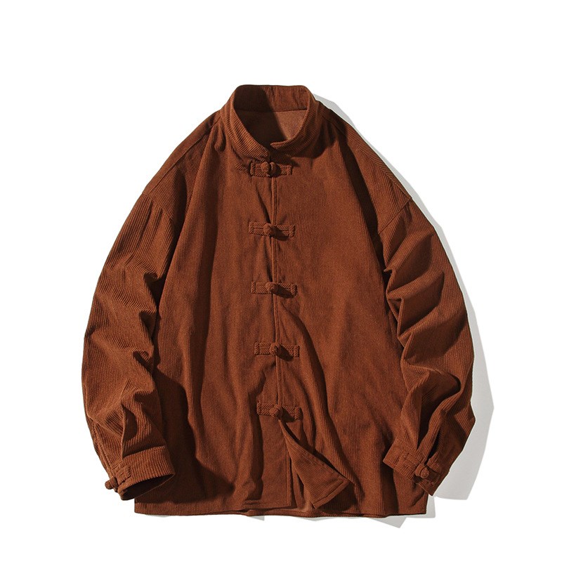 Chinese Style Mens Shirt Solid Color Corduroy Standing Colla