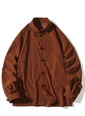Chinese Style Mens Shirt Solid Color Corduroy Standing Colla