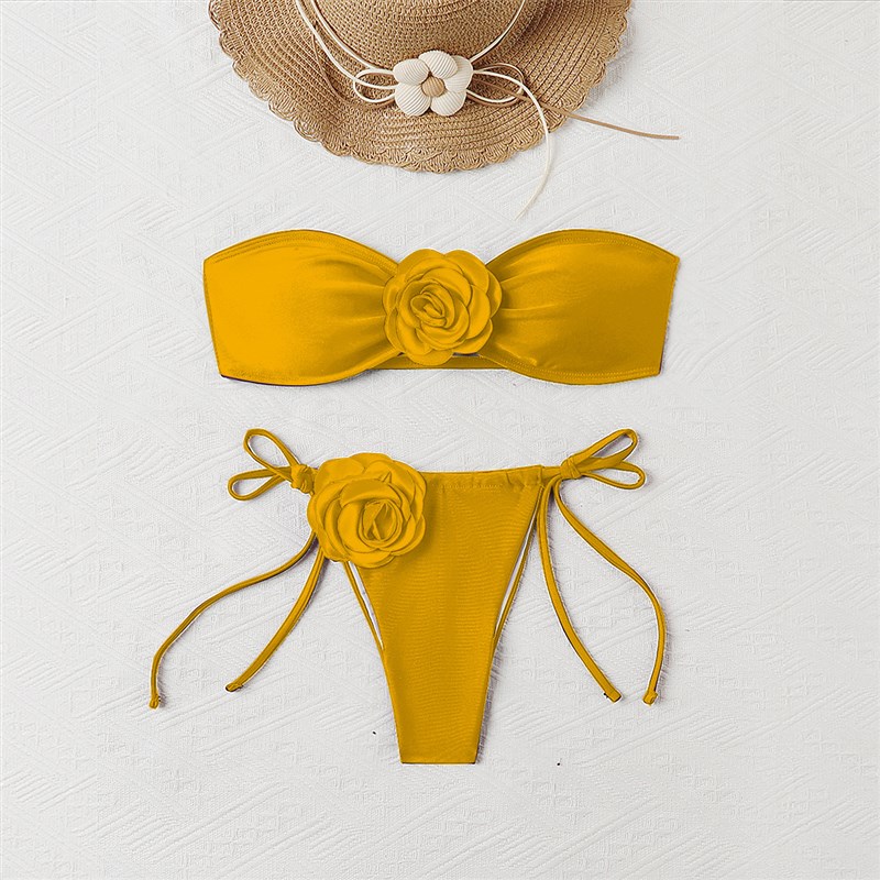 Solid Color Rose Strapless Rope Bikini Swimwear for Europe a