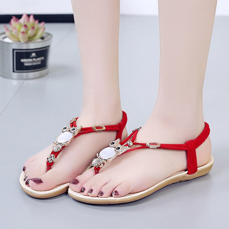 Summer Bohemian Owl Beaded Flat Sandals Toe Clip Beach Shoes