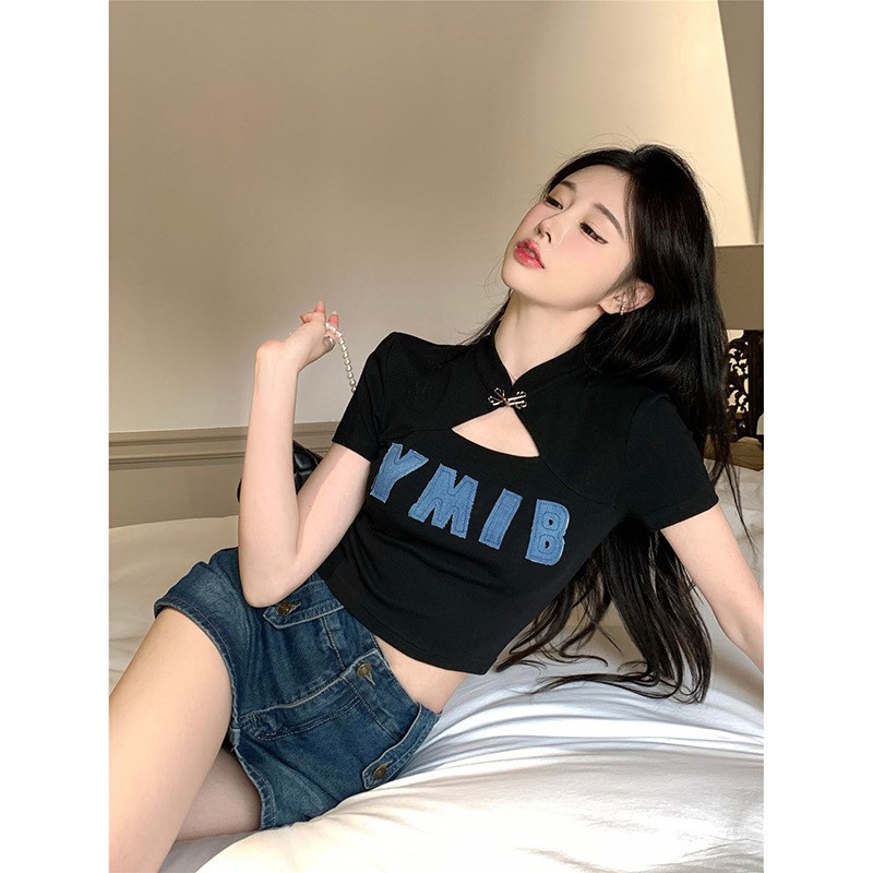 Black Hollowout Sexy Short Tshirt for Women 2025 Summer 6535