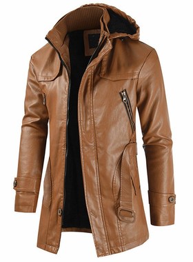 2025 Midlong Hooded Mens Leather Jacket Youth Slim Large Siz