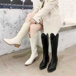 MidHeel Chunky Boots British Long Style Pointed White Heel