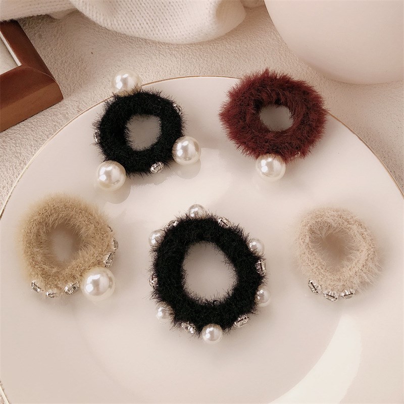 Fluffy Pearl Hair Ring Stylish Rhinestone Hair Rope Elastic