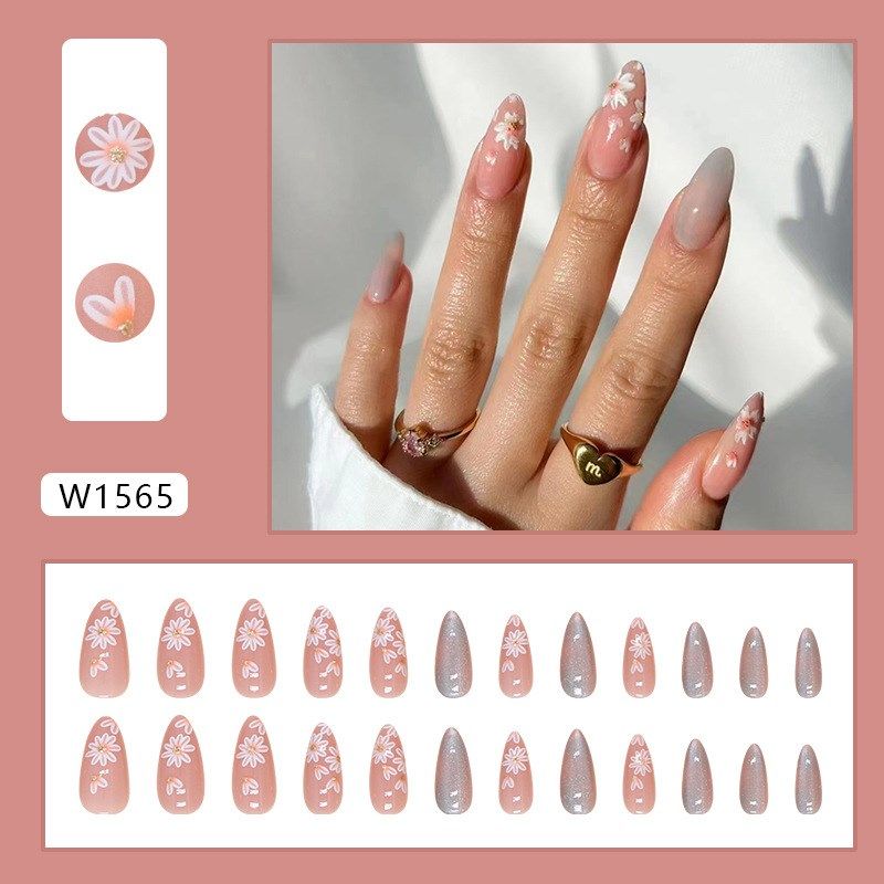 Fake Nails Almond Shaped Flower Cat Eye Nail Tips Almond Nai