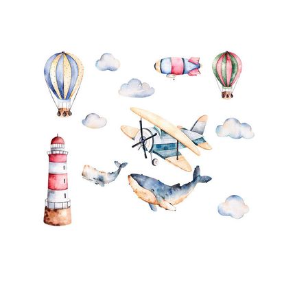Wall Stickers Watercolor Airplane Shark PVC Wallpaper for Ki