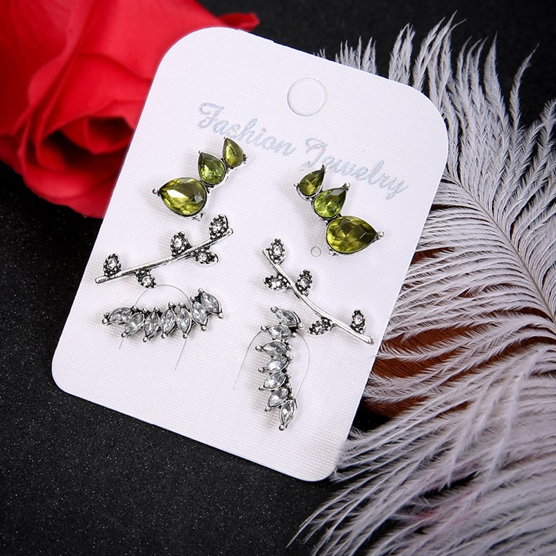 Bohemian Style Geometric Green Crystal Leaf Earring Ear Stud