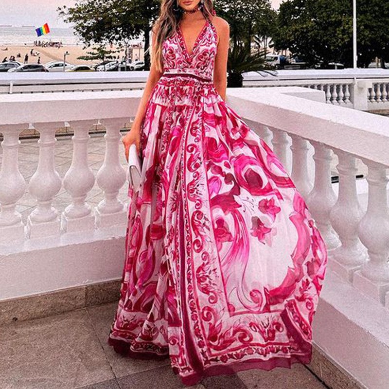 FD1585 Sexy Print Halter MidLength Dress for Women 2025 Summ