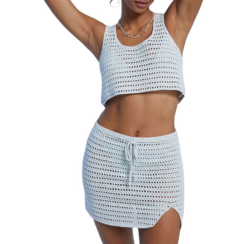 Summer Sexy Twopiece Knit Set Sleeveless Crop Top Split Skir
