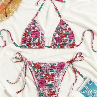 Halter Tie Swimwear Flower Beach Ruched Brazil Sexy Bikini