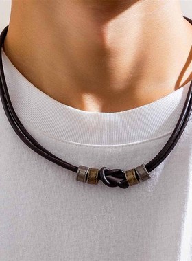European Simple Leather Knotted Ring Necklace Men Hip Hop Hi