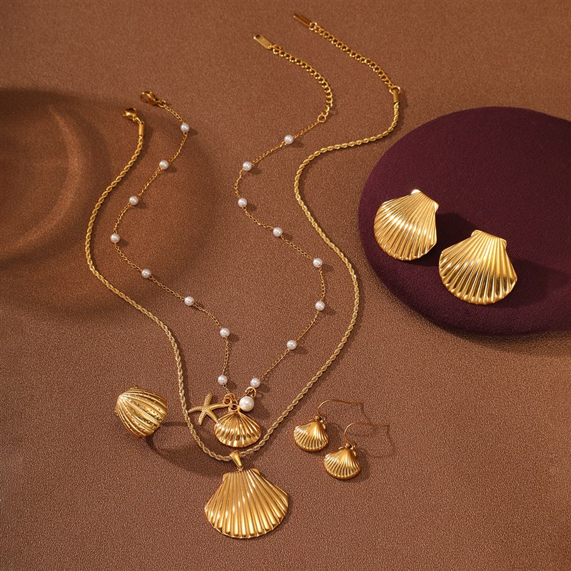 Ocean Shell Pearl Titanium Steel Necklace Set for Women Fash