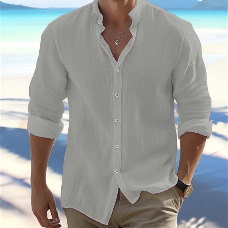 Mens Linen Button Shirt Beach Shirt Long Sleeve Plain Collar
