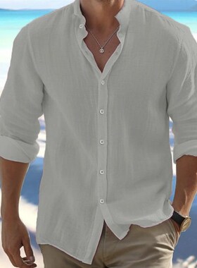 Mens Linen Button Shirt Beach Shirt Long Sleeve Plain Collar
