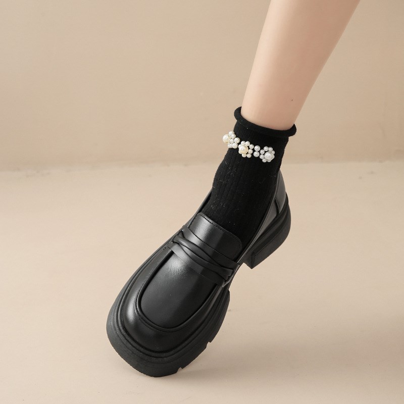 Black Leather Penny Loafers for Women Chunky Sole British St