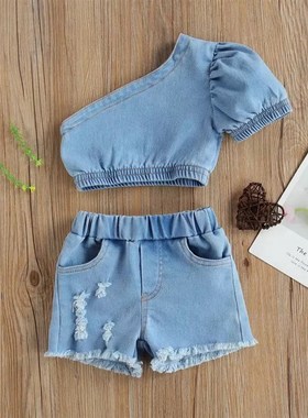 Girls 2025 Sloping Shoulder Denim Jacket Fringed Denim Short