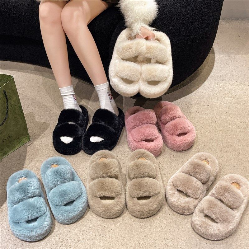 5cm Thick Platform Furry Slippers Women 2025 Winter Doubleba