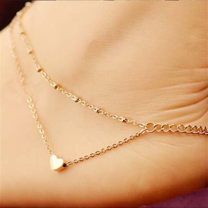 Doublelayered Heart Beach Anklet Titanium Steel Peach Heart