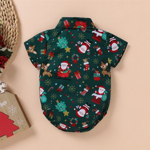 Santa Print Romper Infant Short Sleeve Bodysuit wStylish Bow