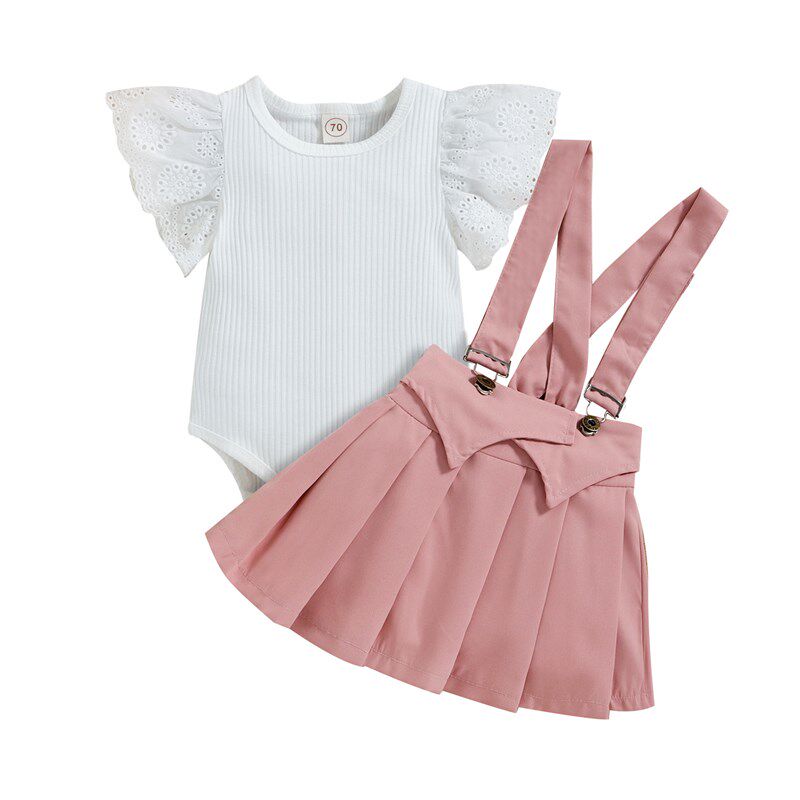 Summer Ribbed Sleeve Jacquard Romper Straps Pleated Skirt 2P