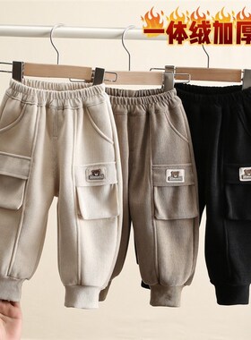 Yikids Boys Fleece Pants Onepiece Thick Velvet Kids Casual P