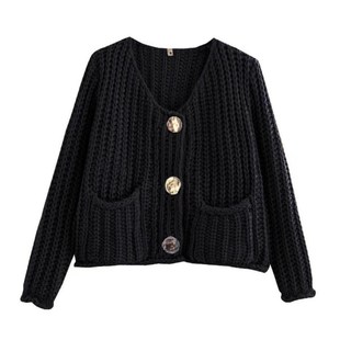 Coat with Pockets Chunky Dual Knitwear Buttons Short Round