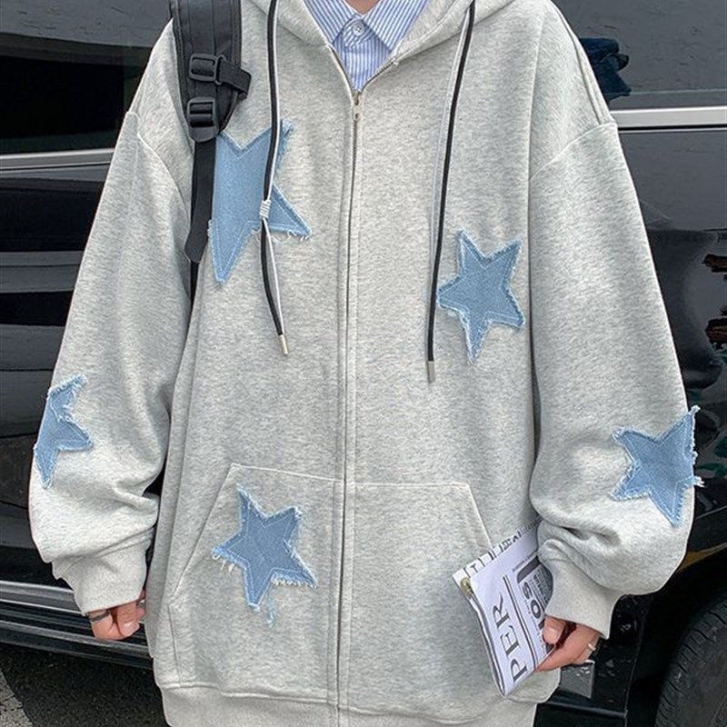 Mens Ins Embroidered Stars Sweatshirt Jacket Autumn Winter T