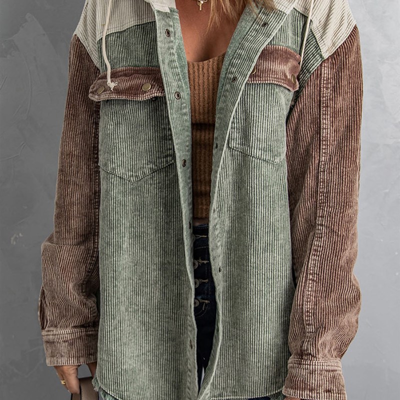 AutumnWinter Checkered Button Hooded Corduroy Jacket Women S