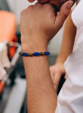 Natural Stone Bead Bracelet Square Blue Golden Tiger Eye for