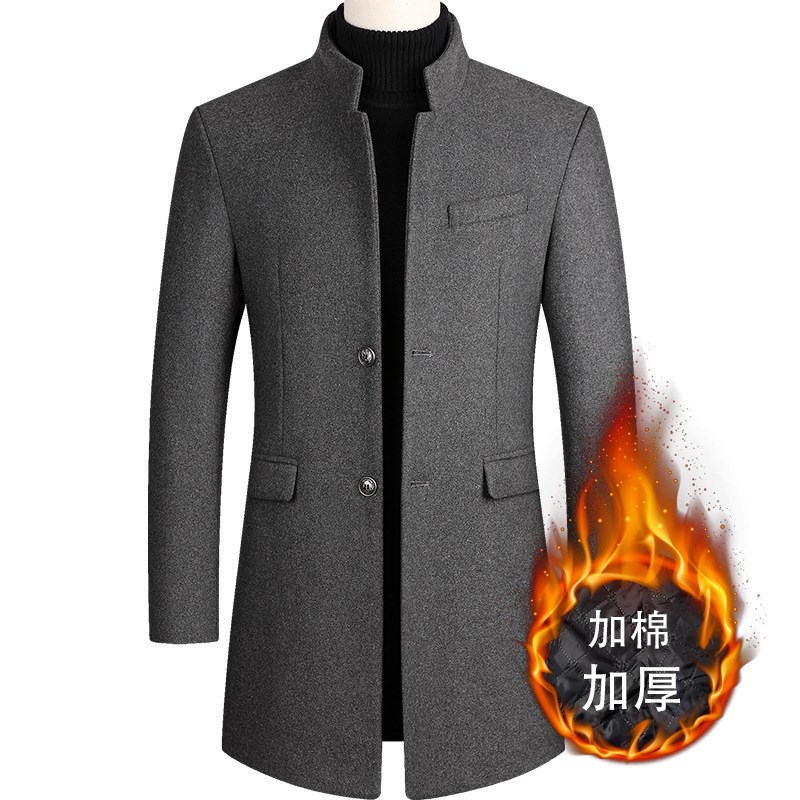 MidLong Mens Woolen Coat Windbreaker with Cotton Thickening