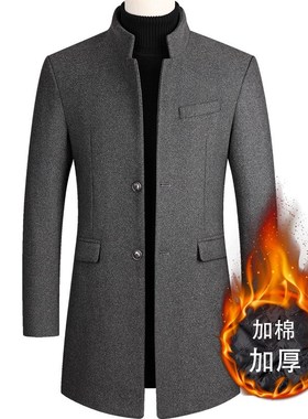 MidLong Mens Woolen Coat Windbreaker with Cotton Thickening