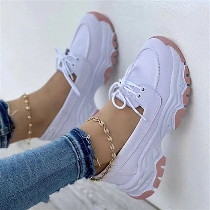 Large Size Womens Shoes Thick Sole Front Tie Casual Sneakers