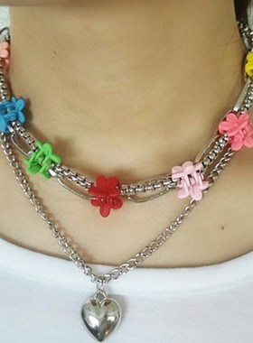 Korean Sweet HyunA Style Flower Heart Pendant Multilayer Nec