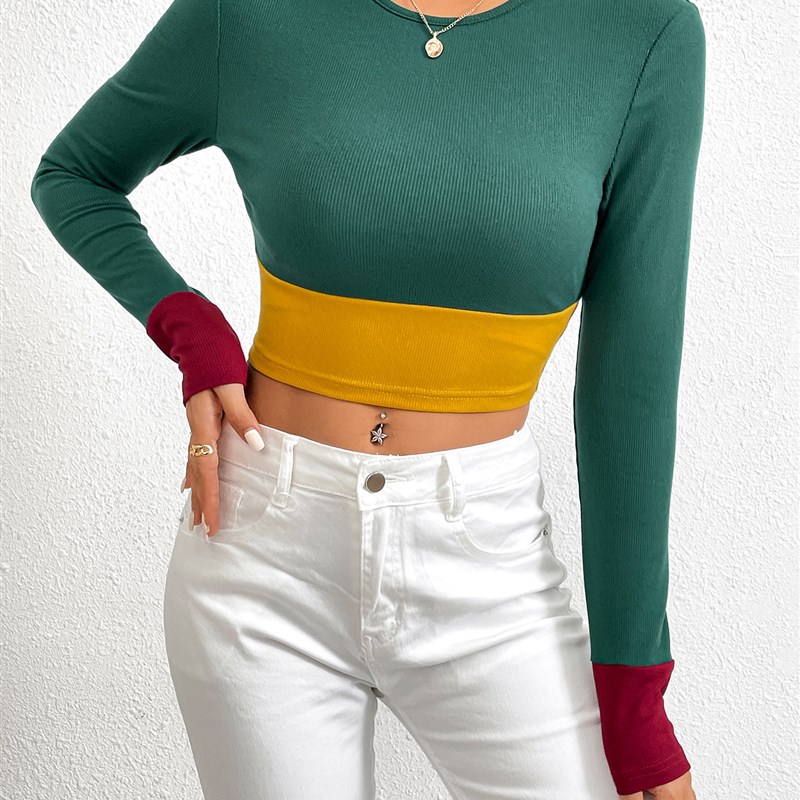 2025 FW Slim Round Neck Short Patchwork Contrast Color Long