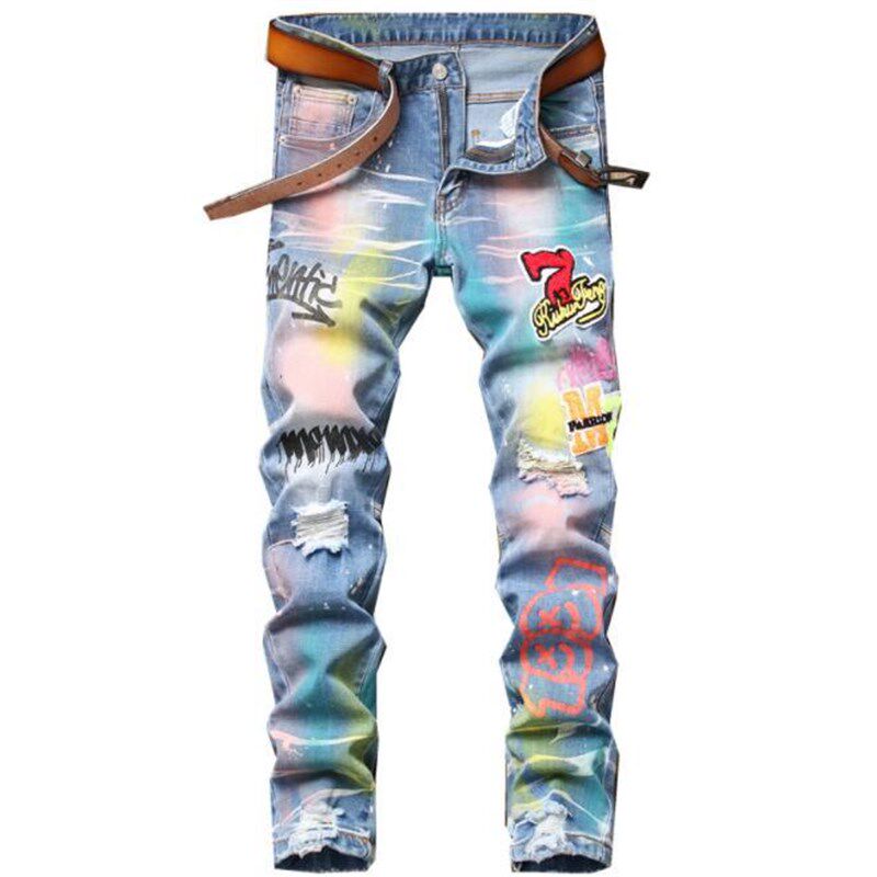 2025 Embroidered Ripped Slim Fit Elastic Mens Skinny Jeans M