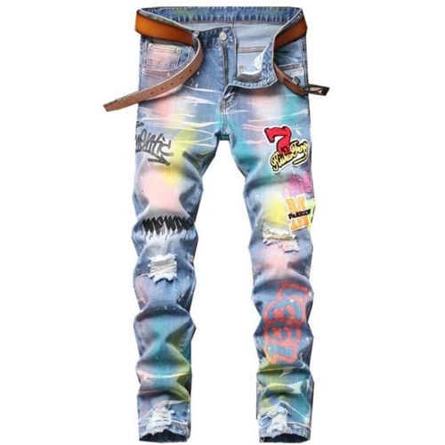 2025 Embroidered Ripped Slim Fit Elastic Mens Skinny Jeans M