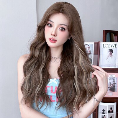 Long Curly Wig Middle Part One Word Handmade Chemical Fiber