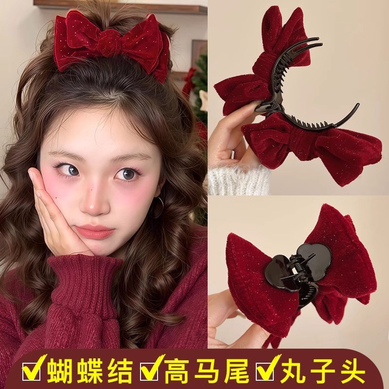 New Year Red Bow Hair Clip Backofhead Bun Holder Womens Fest