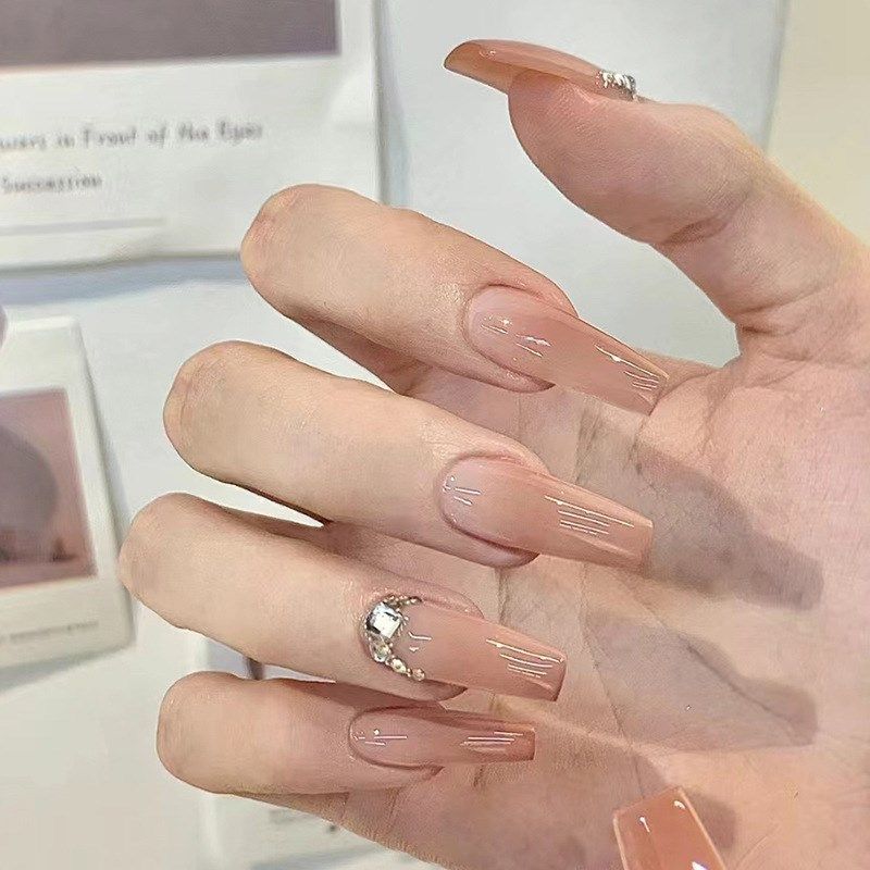 European Gradient Iced Nude Sweet Tea Diamond Long Nails 24P