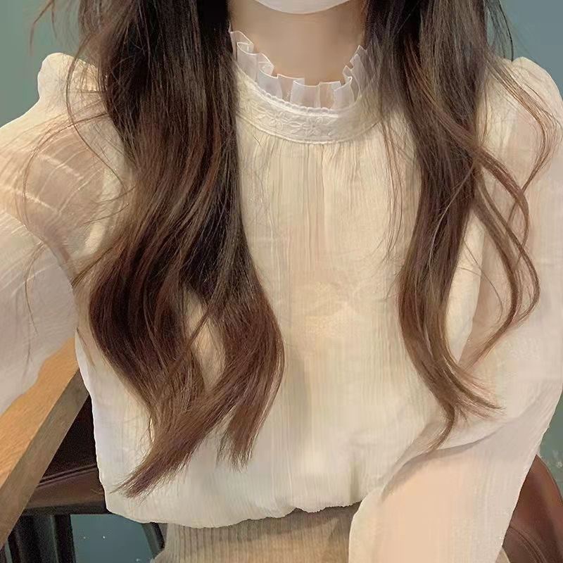 Lace Collar Trimmed Blouse Women 2025 Autumn Design Sense Ga