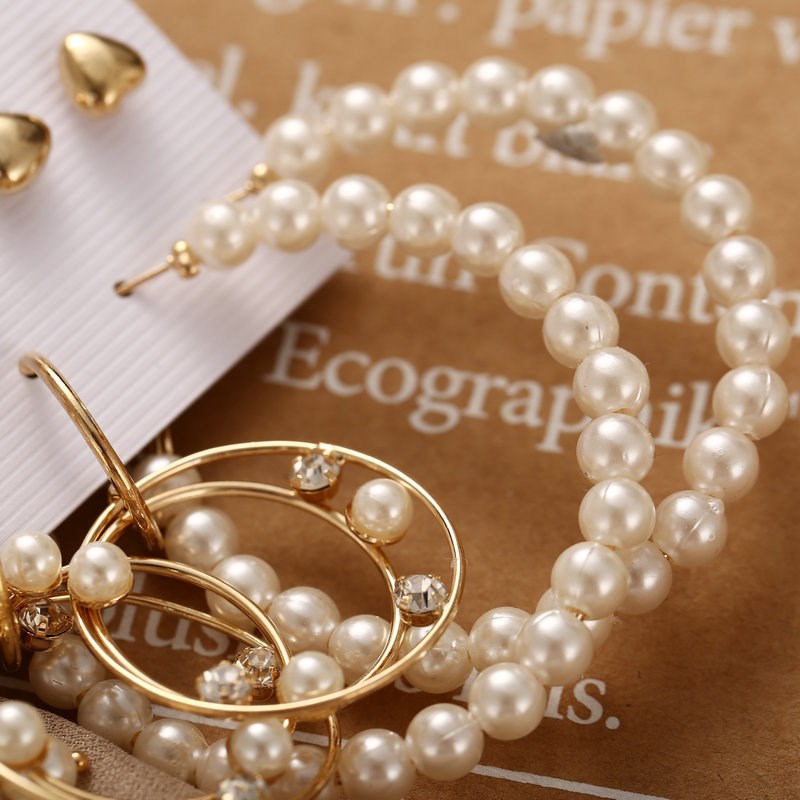 Vintage Simple Statement Earrings Set with Big Small Pearl f