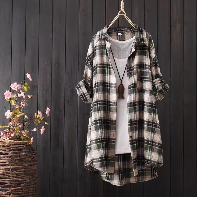 MidLength Plaid Shirt Women 2025 Autumn Hong Kong Style Squa