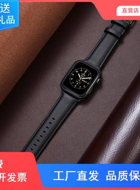 适用苹果手表真皮apple watch9表带疯马棕纹iwatch8腕带皮质4/5/6代SE头层牛皮创意s7黑色男款女个性潮牌45mm